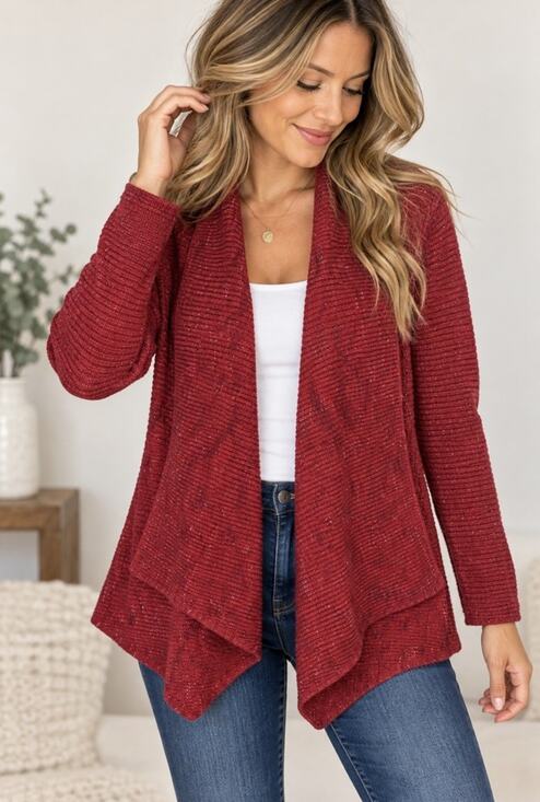 NIC+ZOE Sweaters - NIC+ZOE Red Open Front Waterfall Cardigan Sweater Medium Draped Knit Boho Fall